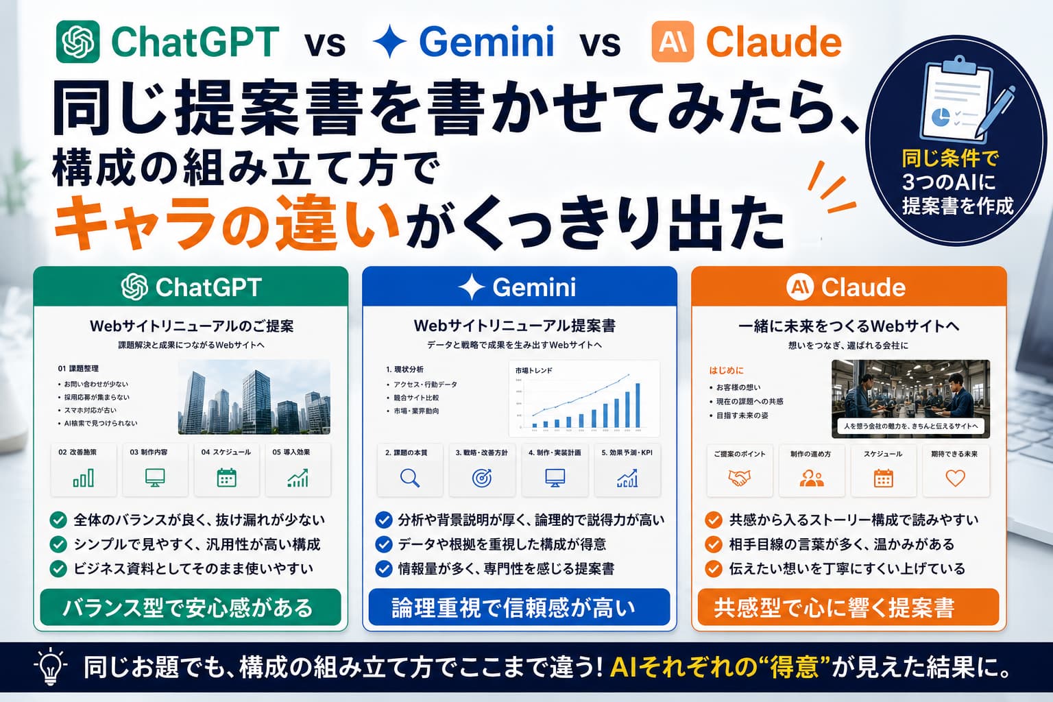 ChatGPT vs Gemini vs Claude|同じ提案書を書かせてみたら、構成の組み立て方でキャラの違いがくっきり出た